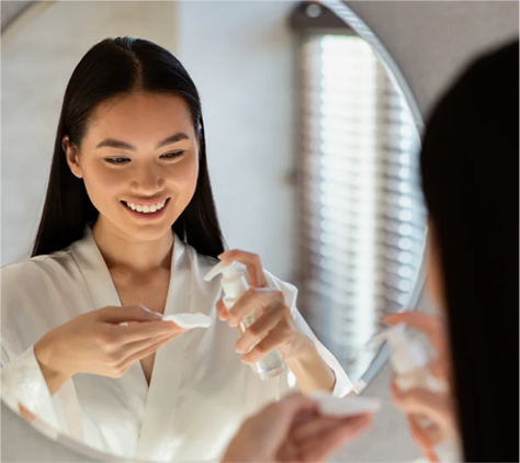 Woman applying facial skincare product while looking in a bathroom mirror.