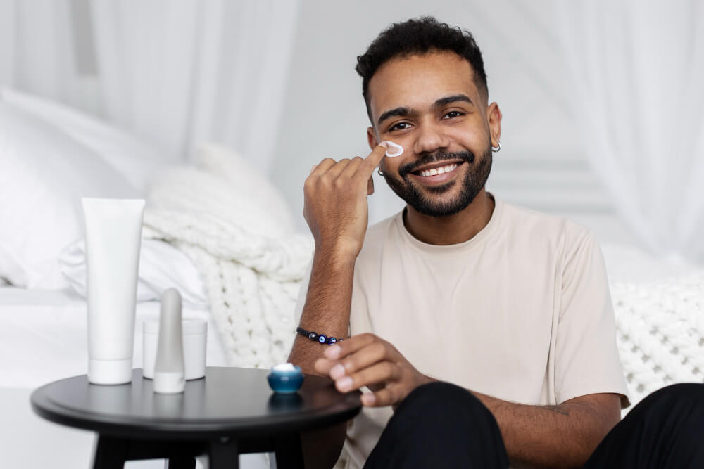 Man applying face cream during a daily skincare routine at home.