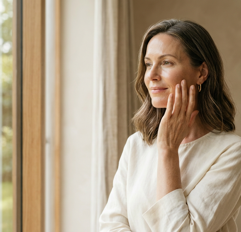 Confident woman over 40 gently touching her skin near a window in natural light