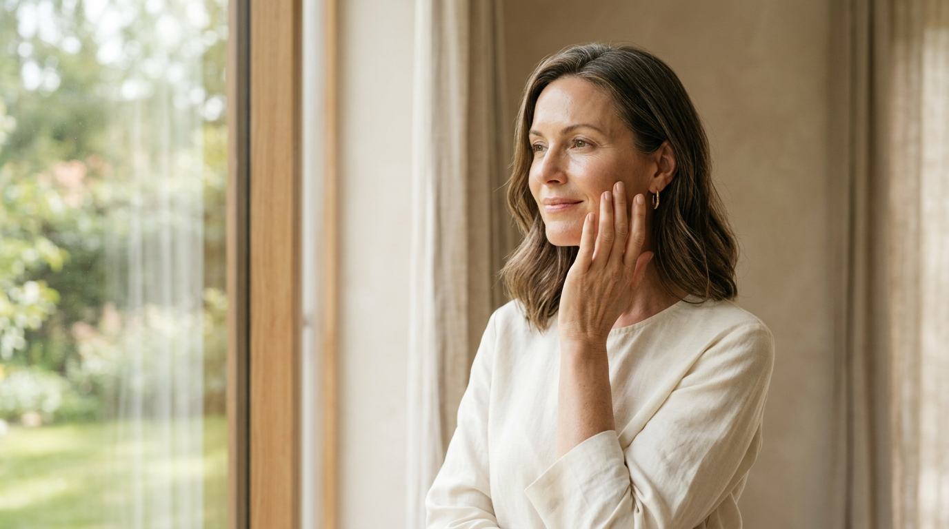 Confident woman over 40 gently touching her skin near a window in natural light