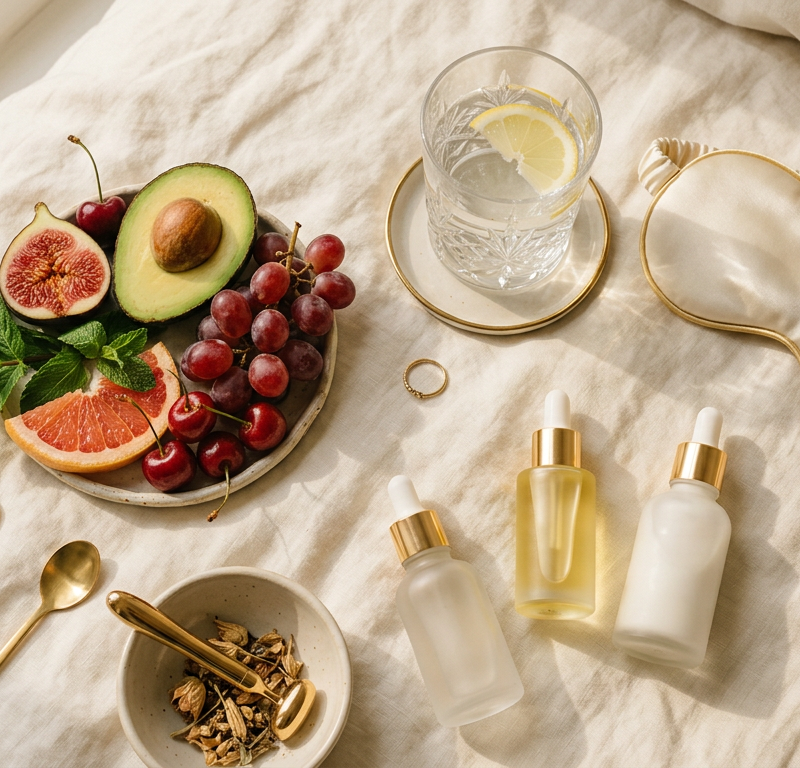 A serene luxurious flat lay of fresh fruits, vegetables, a glass of water, an elegant sleeping eye mask, and minimalist skincare bottles