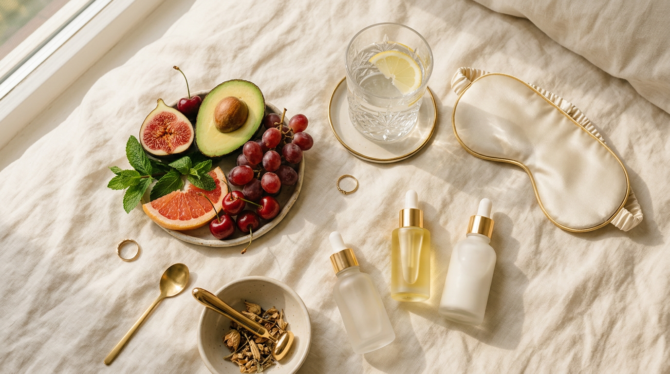 A serene luxurious flat lay of fresh fruits, vegetables, a glass of water, an elegant sleeping eye mask, and minimalist skincare bottles