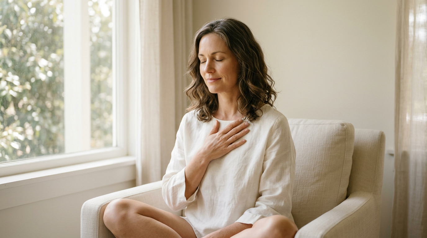 A serene woman in her 40s sitting quietly in morning light, reflecting on her hormonal health journey.