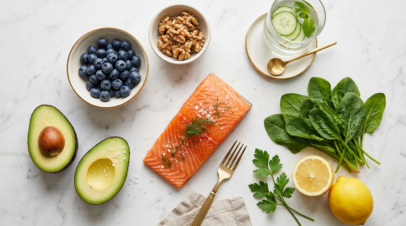 A beautiful flat lay of anti-inflammatory whole foods including wild salmon, avocado, blueberries, and leafy greens.