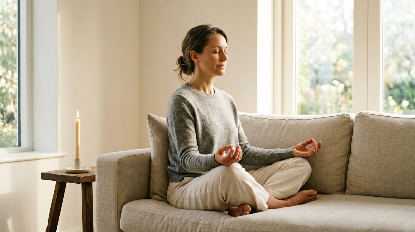 A woman in her 40s meditating in morning light, a single candle burning beside her, in a serene and uncluttered space.