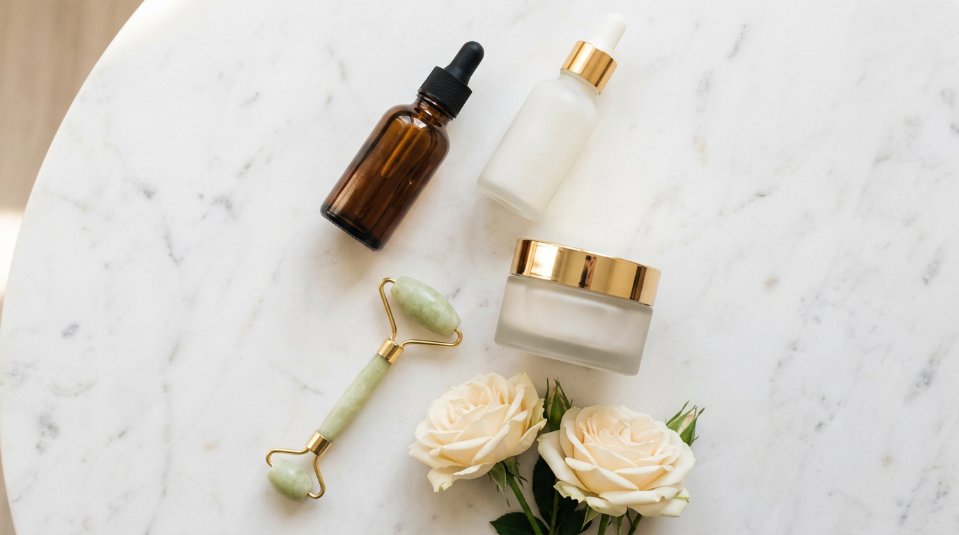 A luxury flat lay of premium skincare products including a glass dropper serum, a frosted bottle, and a gold-lidded cream jar on white marble.