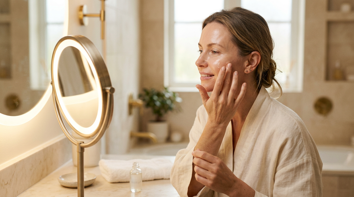 A woman in her 40s gently applying a facial serum at her vanity in warm, soft light, her skin glowing and bare.