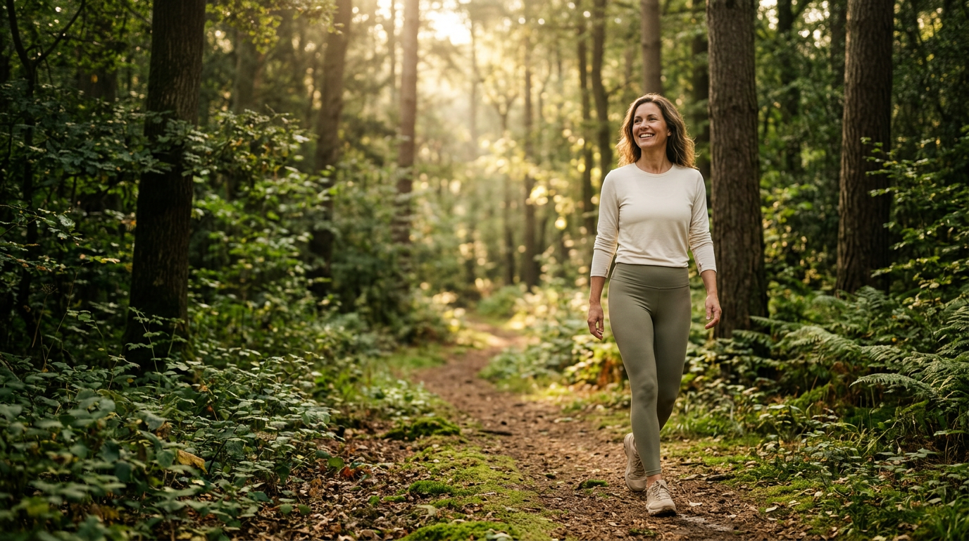 A joyful woman in her late 40s walking alone on a quiet forest path in golden morning light, unhurried and at peace.