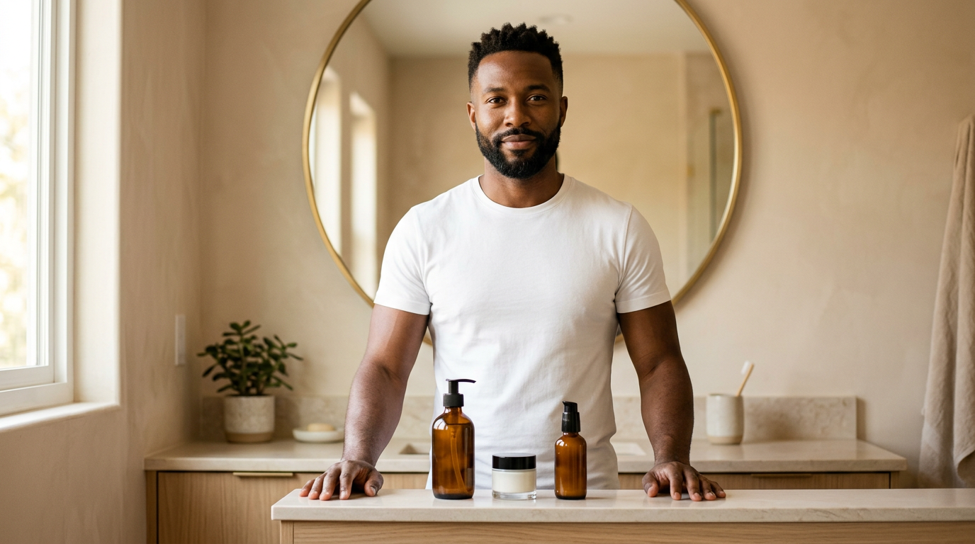 A well-groomed man completing his morning skincare routine for men at a clean bathroom vanity with three skincare products