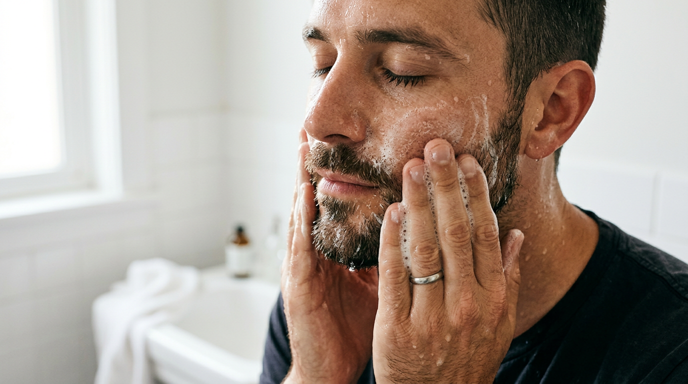 Man applying cleanser as step one of morning skincare routine for men, foam visible on face in warm bathroom light