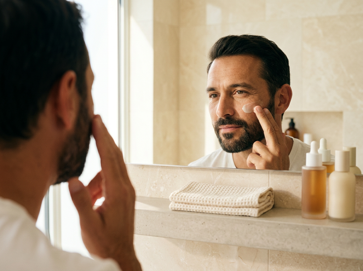 Man applying lightweight moisturiser as step two of morning skincare routine for men, two fingertips on cheek in morning light