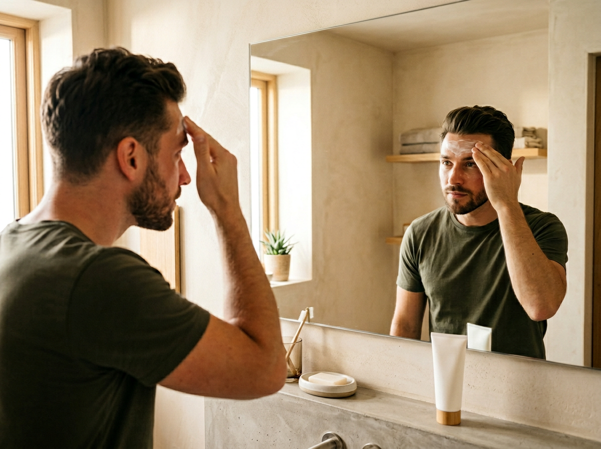 Man applying SPF sunscreen as the final step in his morning skincare routine for men, fingers spread across forehead in natural light