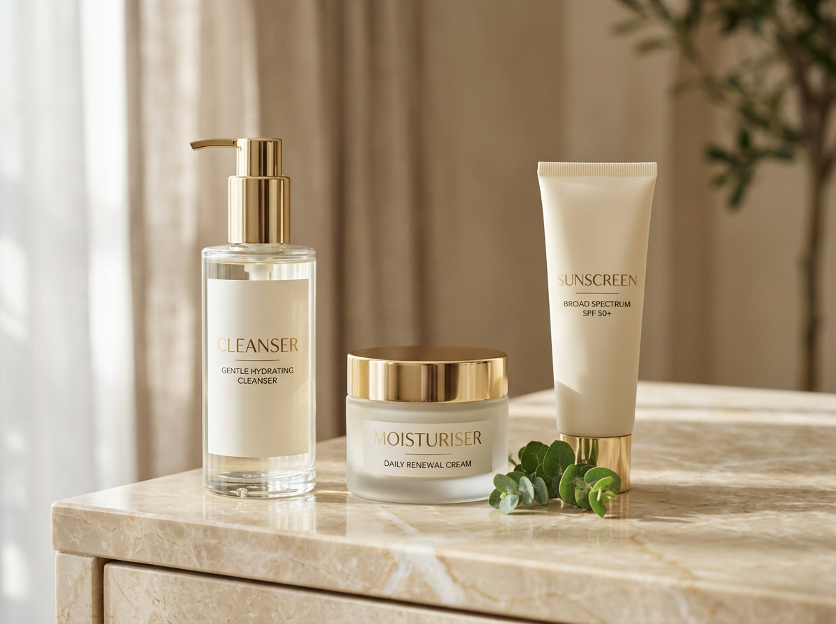 Three essential products for a morning skincare routine for men — cleanser, moisturiser, and SPF arranged on warm marble surface