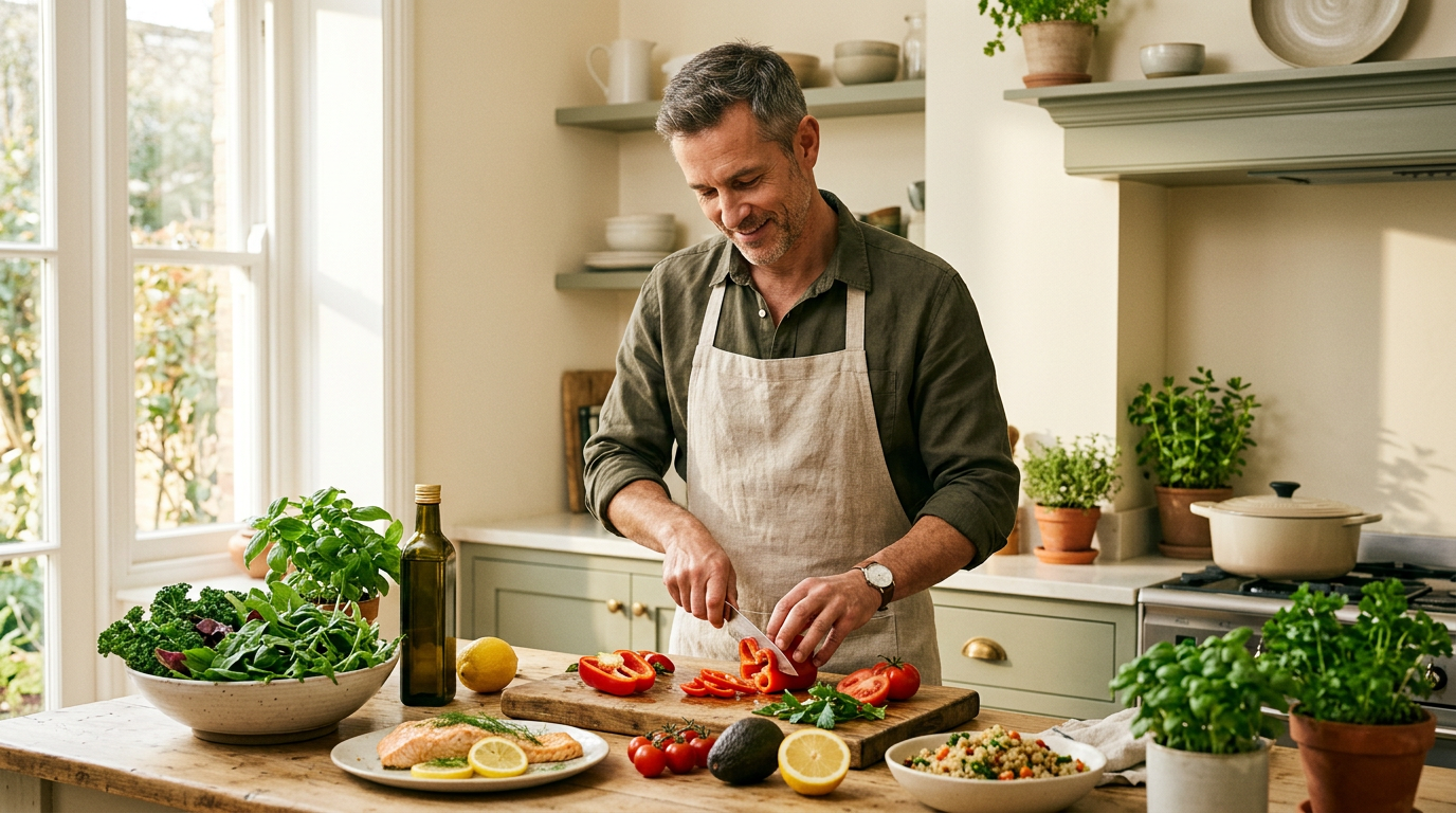 Man preparing a healthy meal as part of a wellness routine that supports his morning skincare routine for men