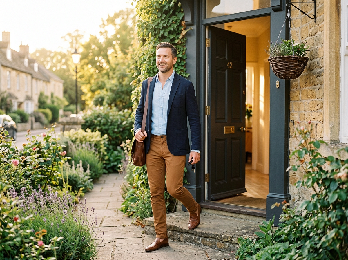 Well-groomed man leaving home confidently after completing his morning skincare routine for men — fresh healthy skin in morning light