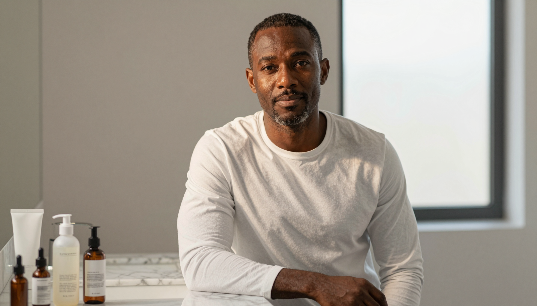 Well-groomed Black man over 40 sitting at a marble bathroom vanity with luxury skincare products, Belldiva men's skincare guide