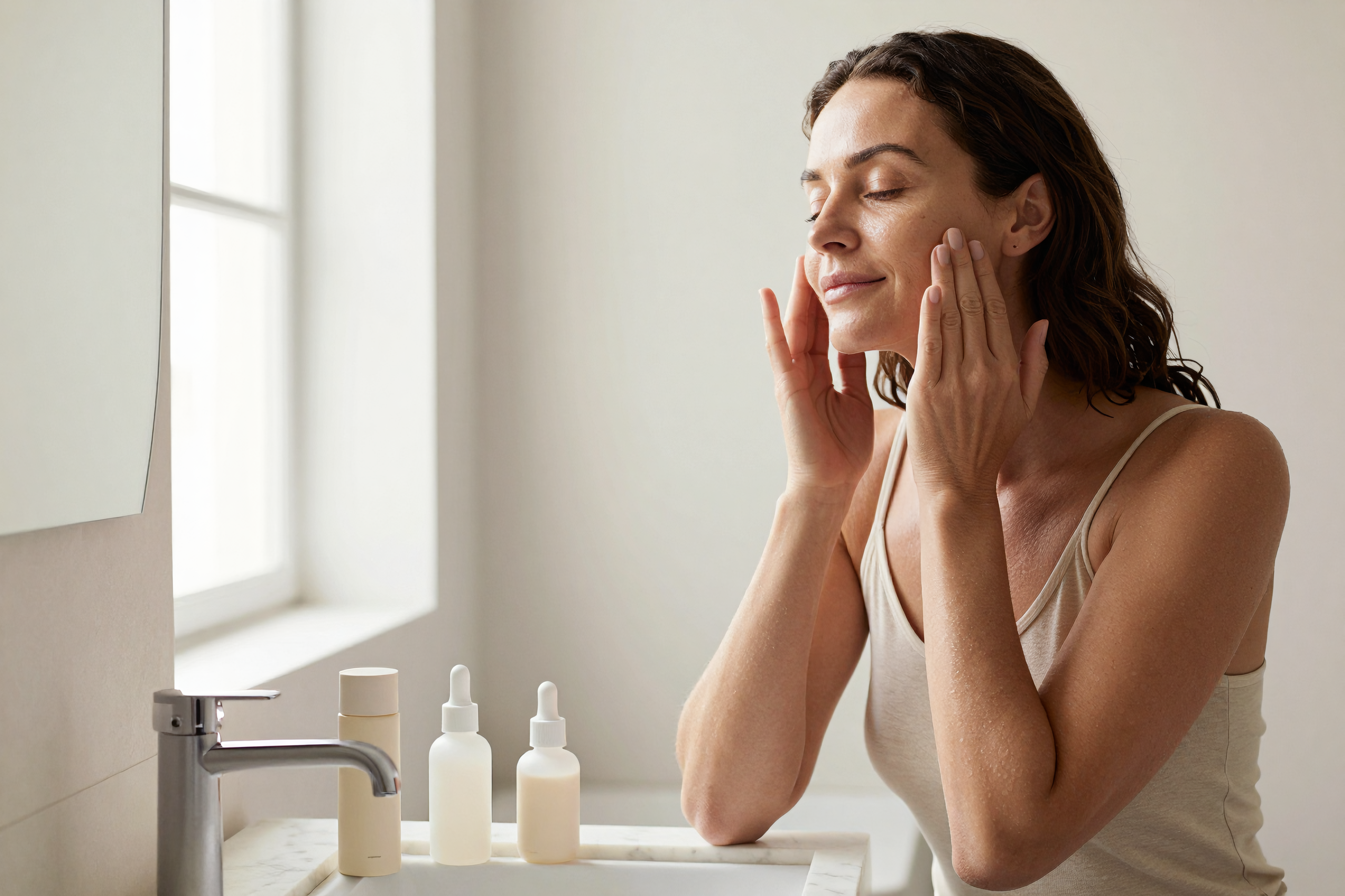 A woman applying skincare in soft morning light, Belldiva self-care morning ritual