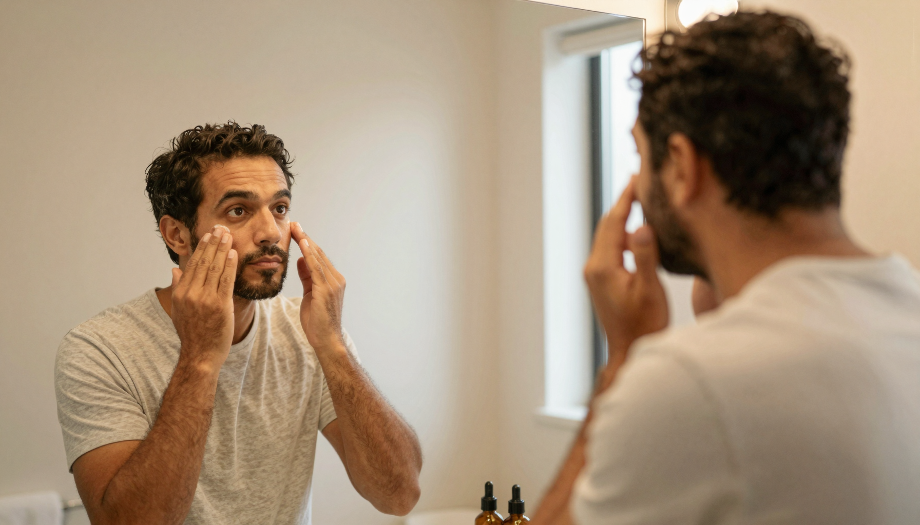 Man over 40 applying serum at bathroom vanity in natural morning light, Belldiva men's skincare