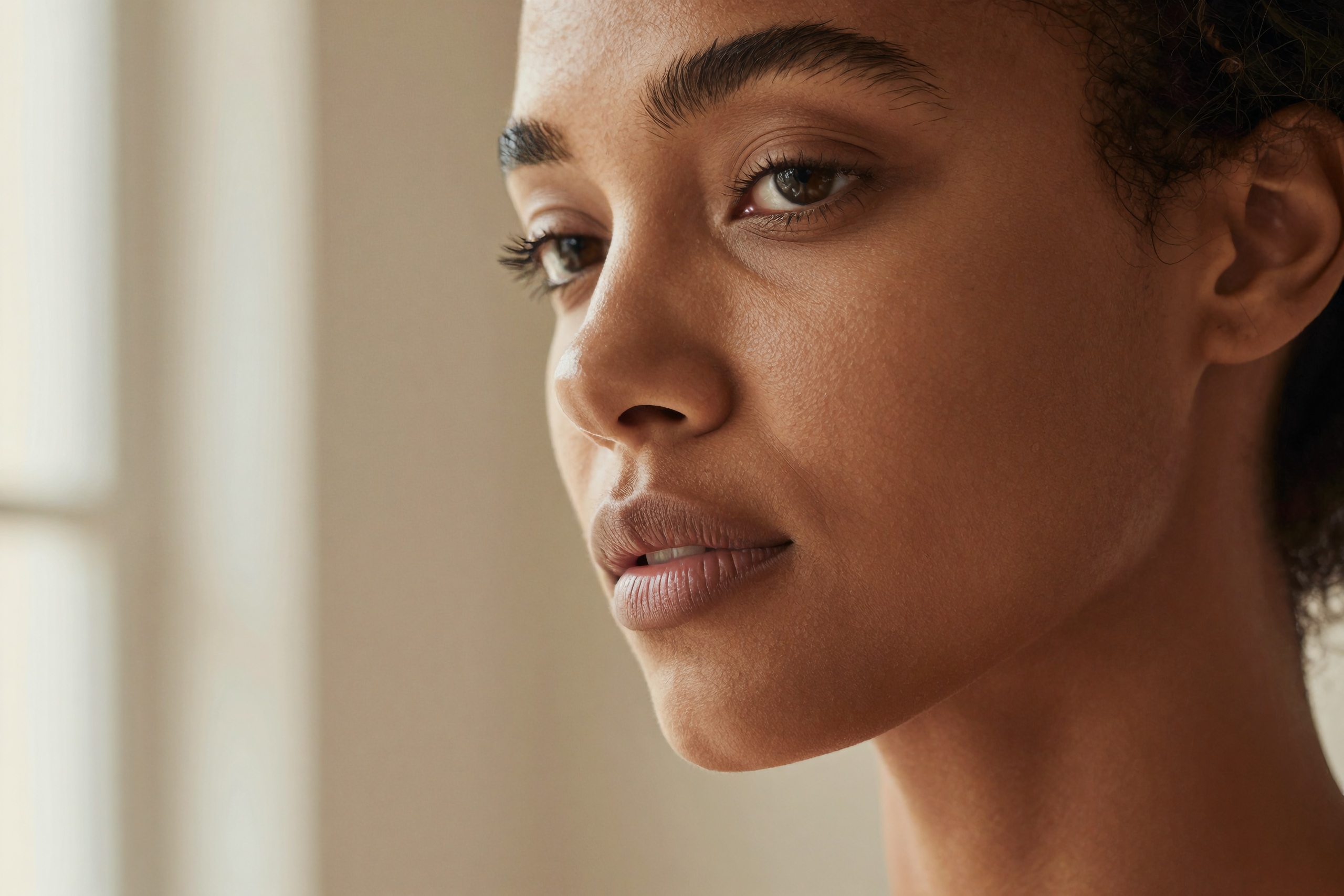 Close-up portrait of a woman's face in warm light, eyes closed, peaceful, Belldiva inner wellness