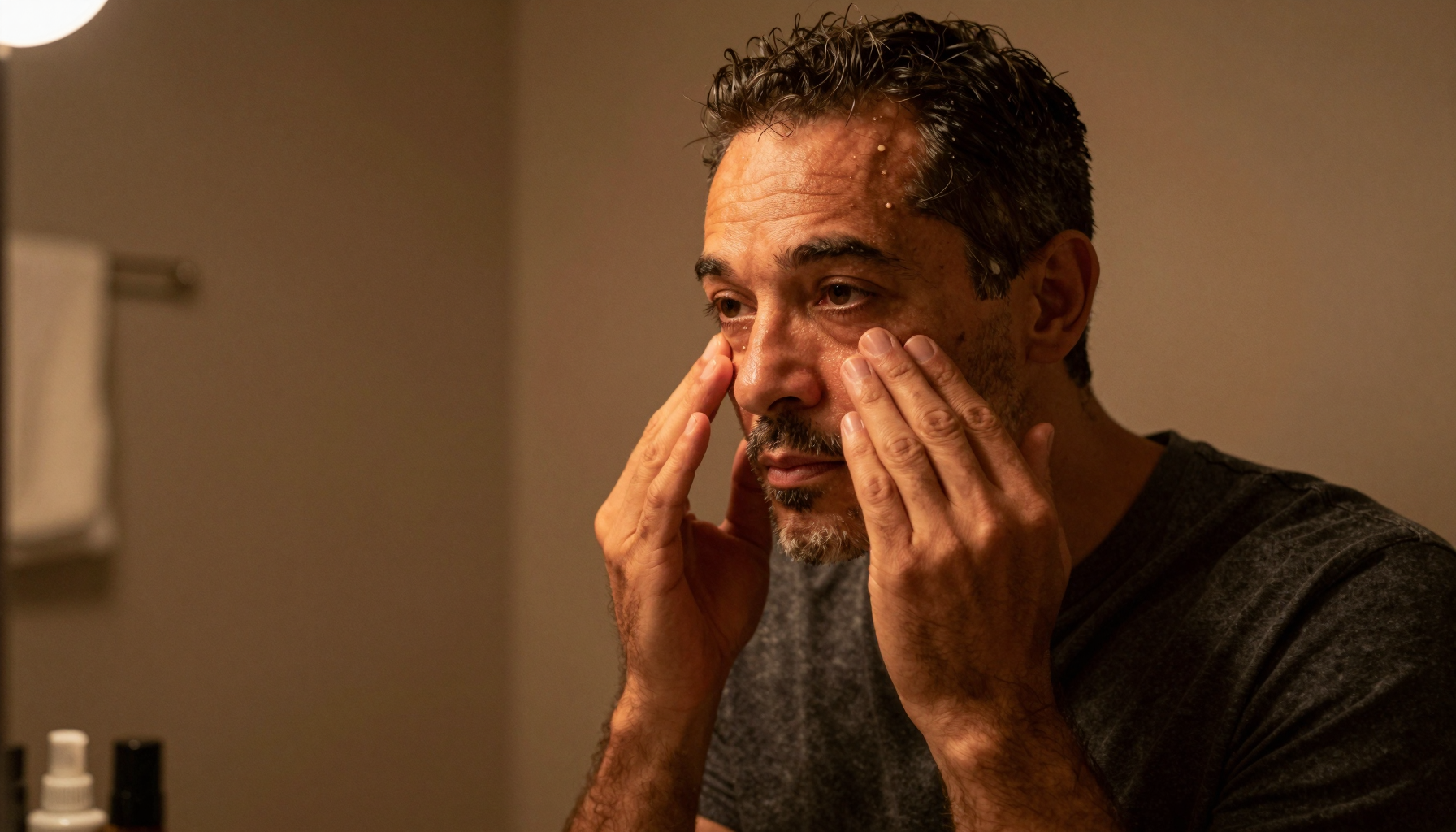 Man over 40 applying retinol serum in a warm-lit bathroom at night, Belldiva evening skincare routine