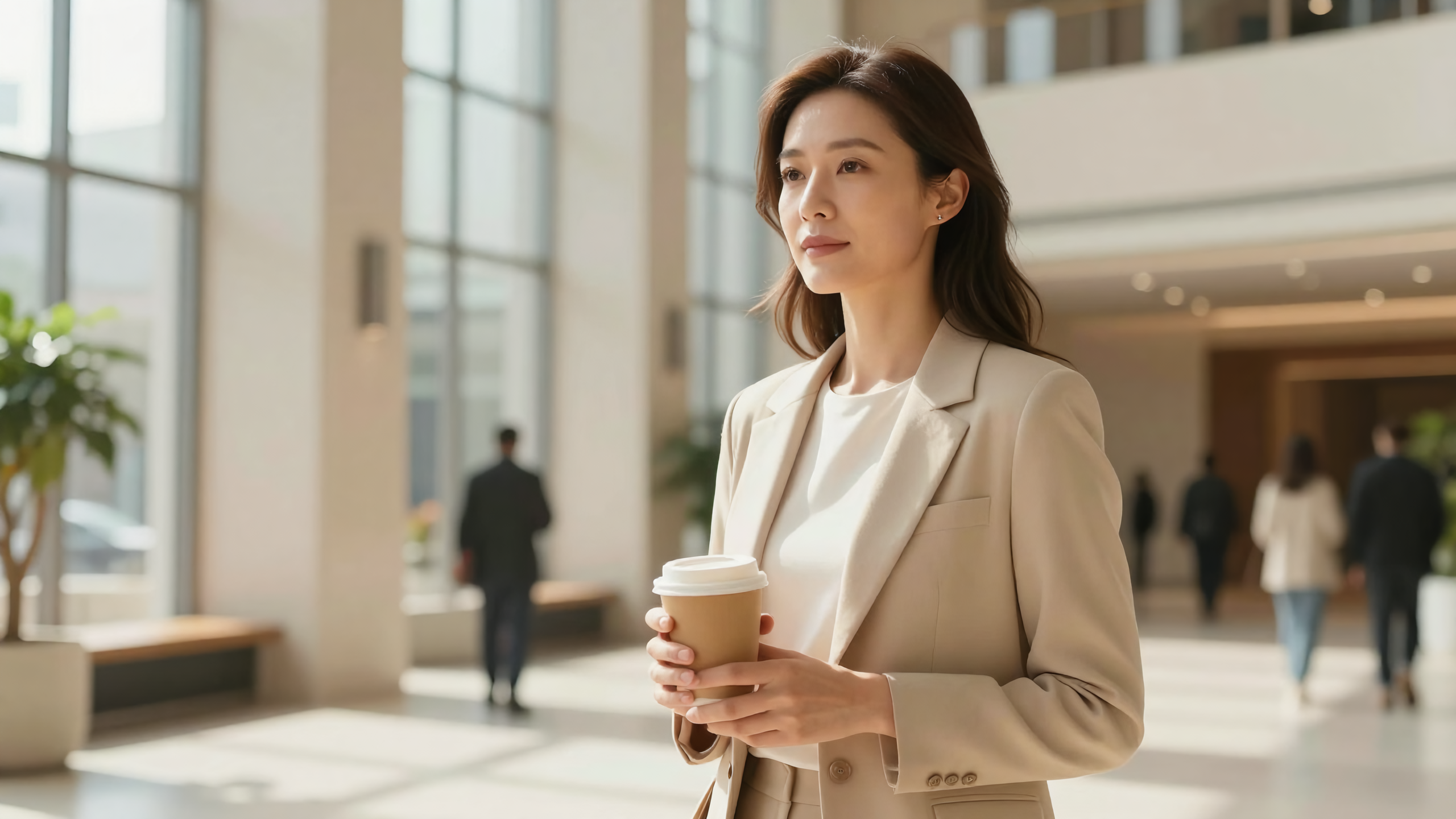 A confident woman walking through a bright modern lobby with ease and purpose, Belldiva presence