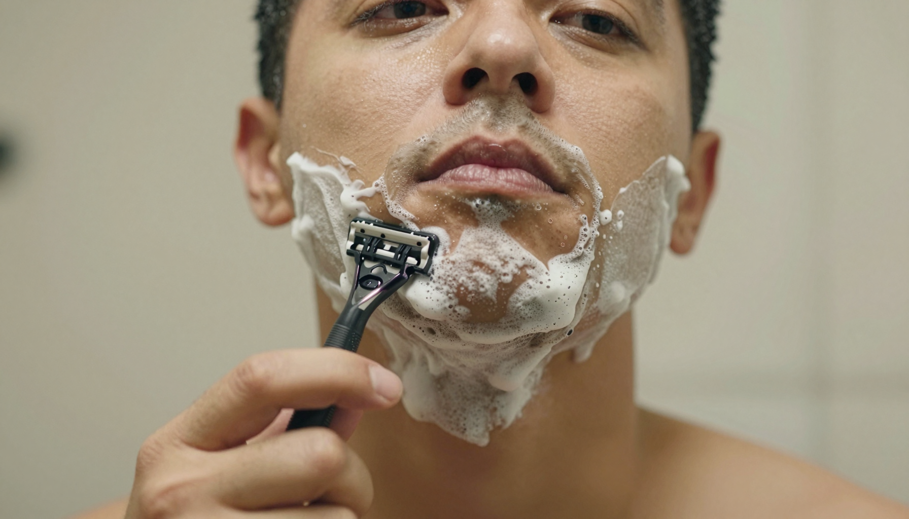 Well-groomed man over 40 shaving with a quality razor in a clean modern bathroom, Belldiva grooming guide