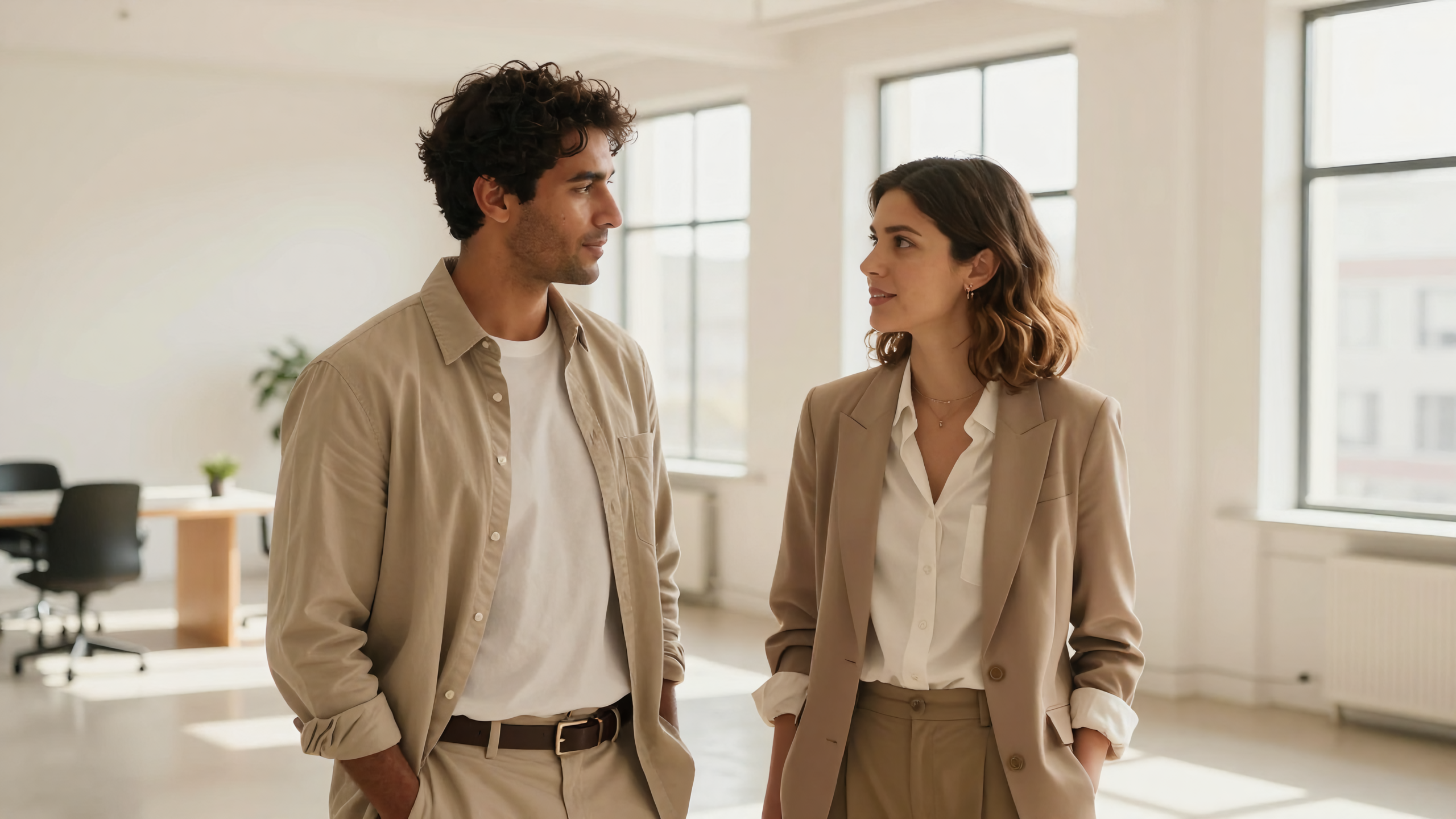 A man and woman in a bright modern office, considered and at ease in how they present, Belldiva