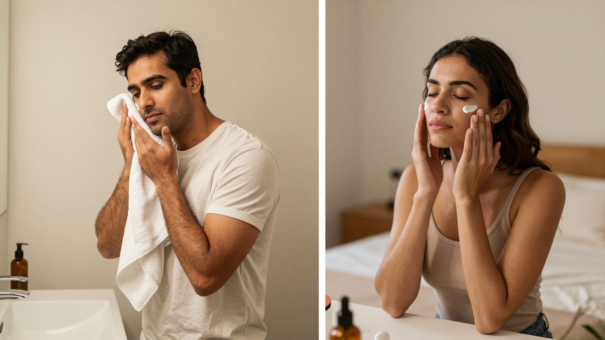 A man and a woman each in their own quiet morning rituals, Belldiva self-image and confidence