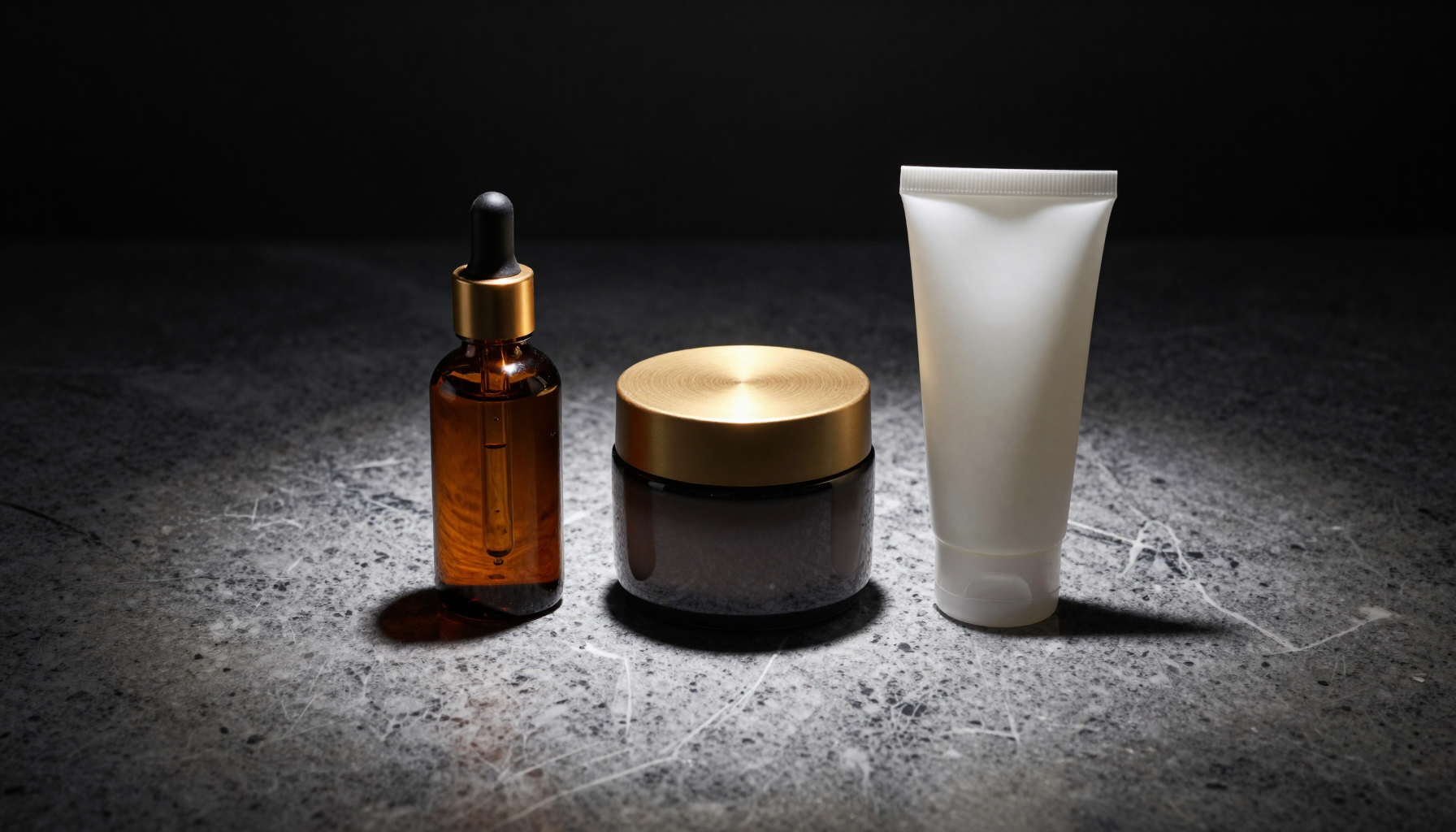 Luxury men's skincare products serum eye cream and SPF on a dark background, Belldiva curated grooming