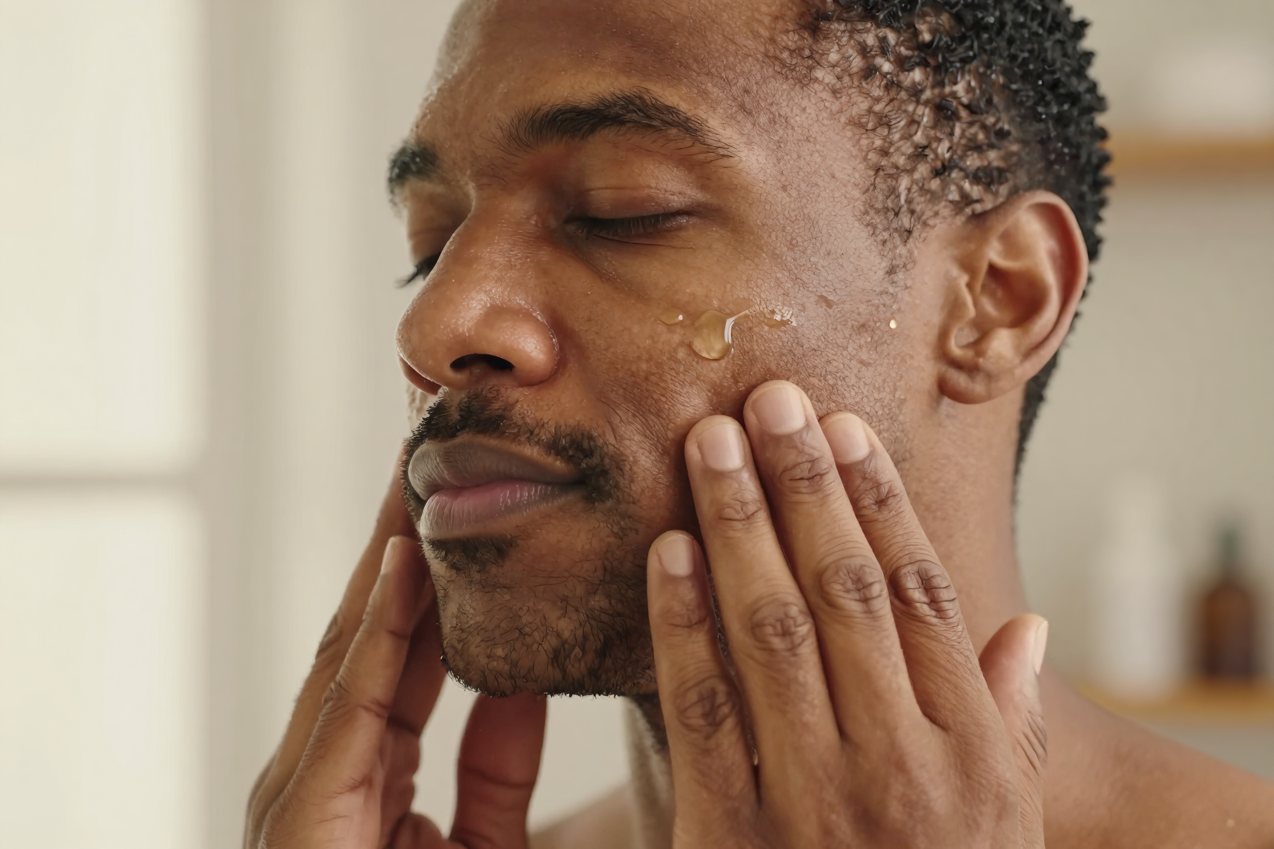 A well-groomed man applying moisturiser at a clean bathroom vanity, calm and self-assured, Belldiva men's wellness