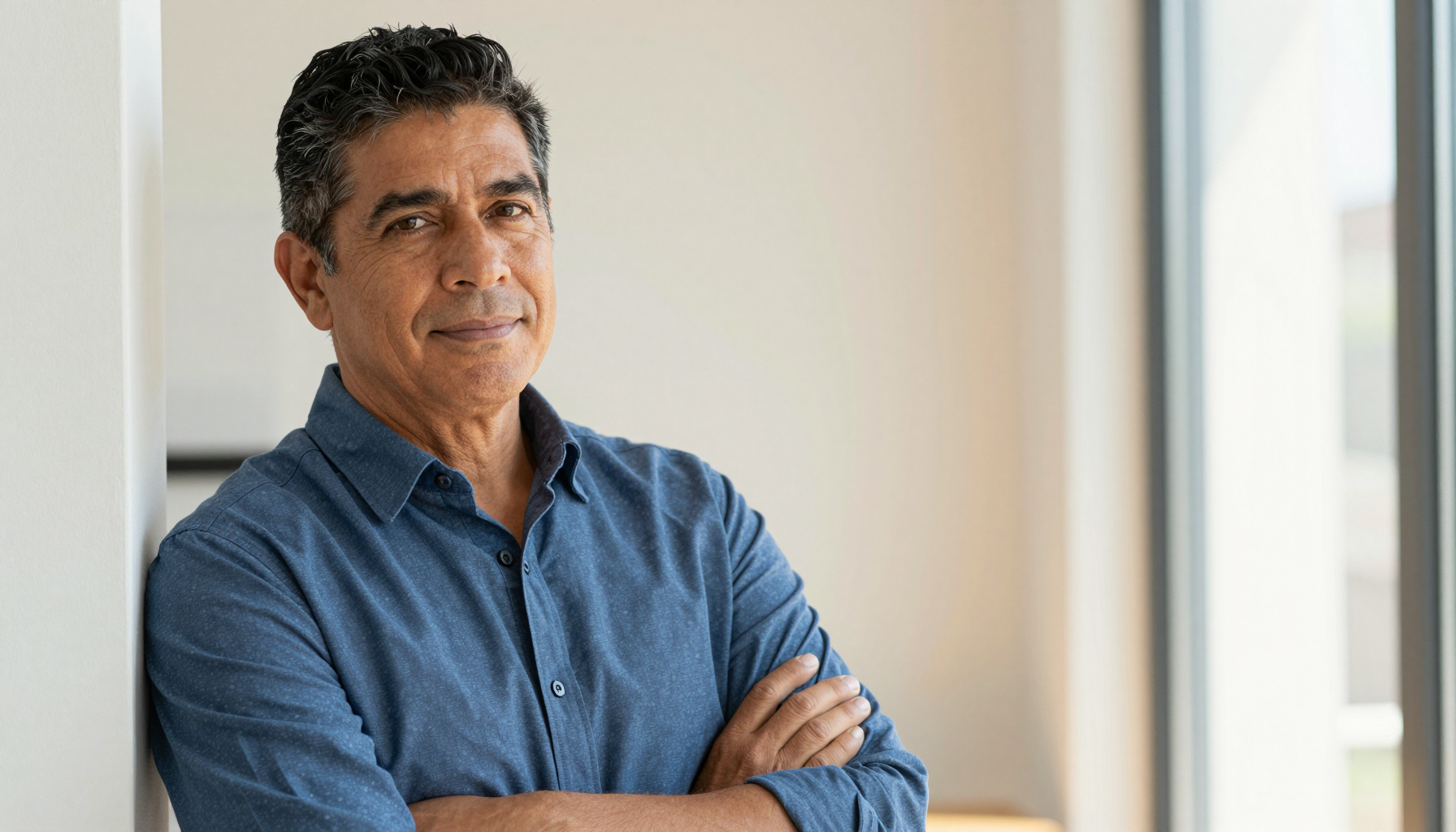 Confident well-groomed man over 40 with healthy vibrant skin looking directly into camera, Belldiva men's wellness