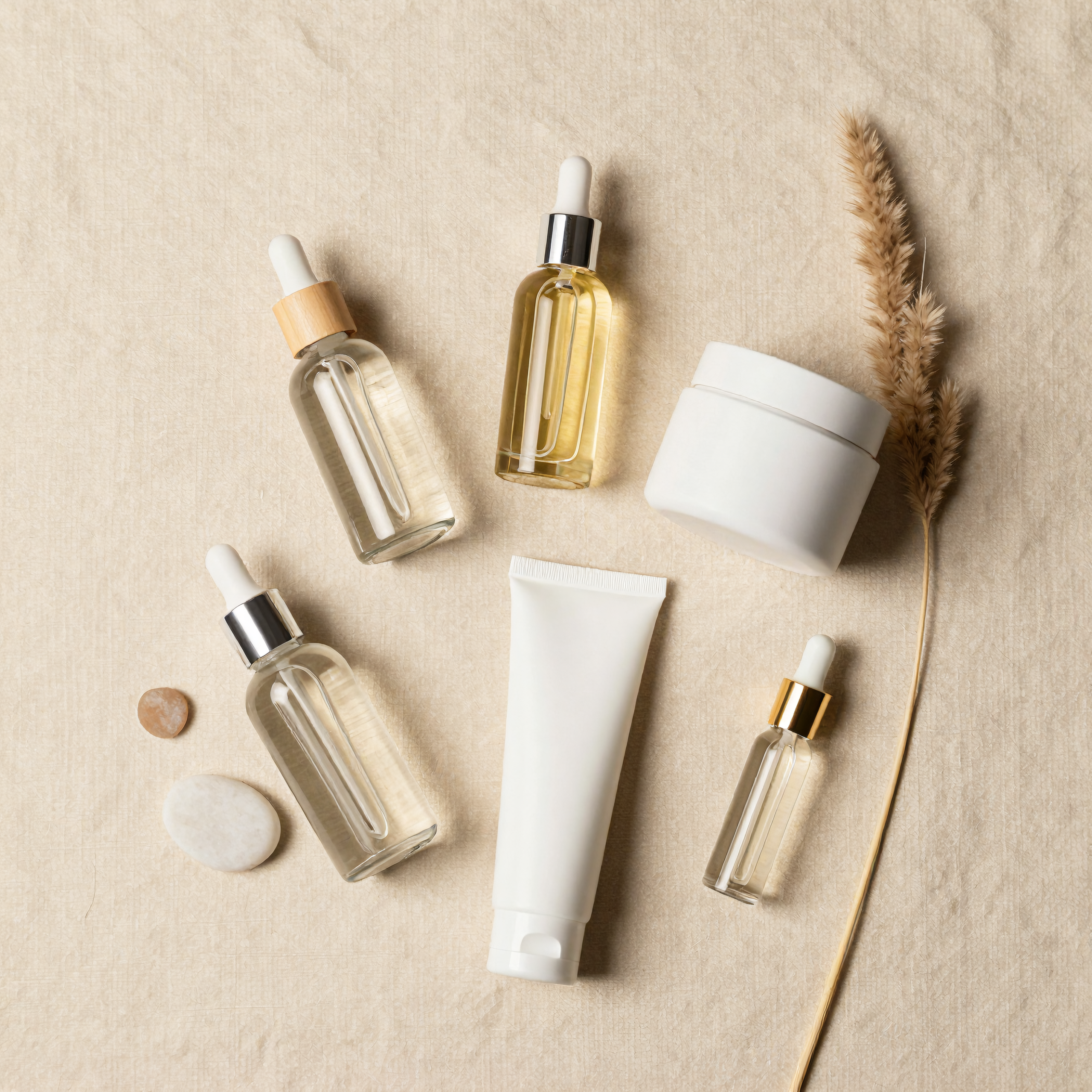 Luxury skincare products arranged on warm cream marble, Belldiva curated beauty
