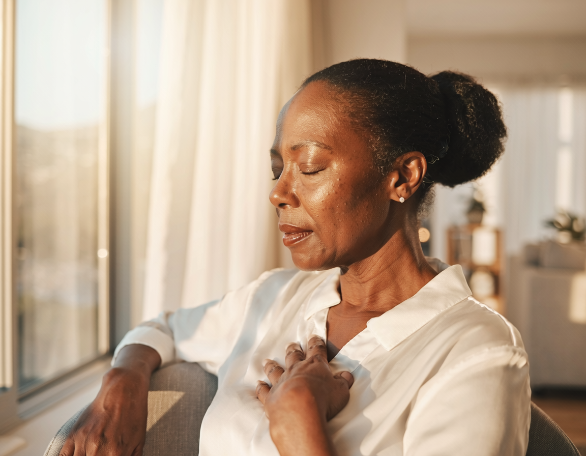 woman experiencing perimenopause symptoms sitting peacefully by window in morning light