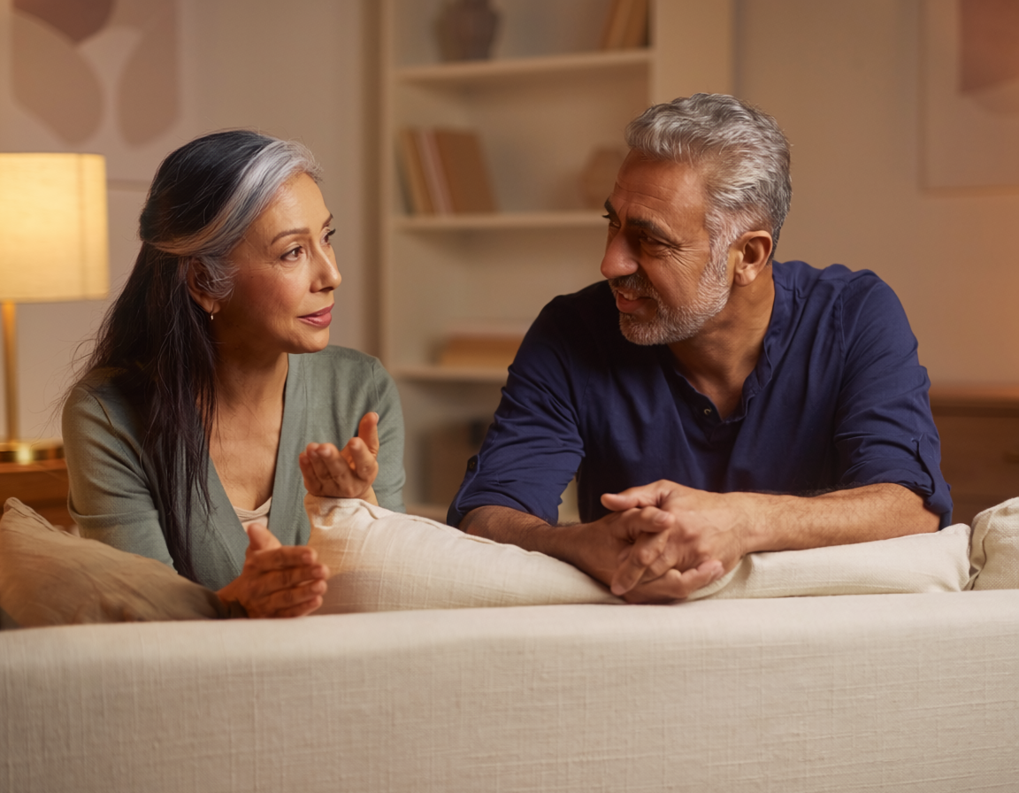 couple having an honest conversation about hormonal changes and couplepause on sofa at home