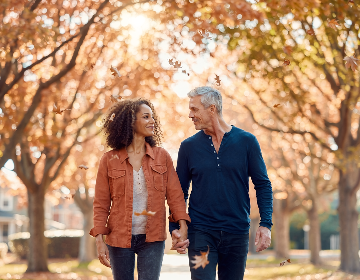 mixed race couple holding hands walking together through autumn park healing together through midlife hormonal transition