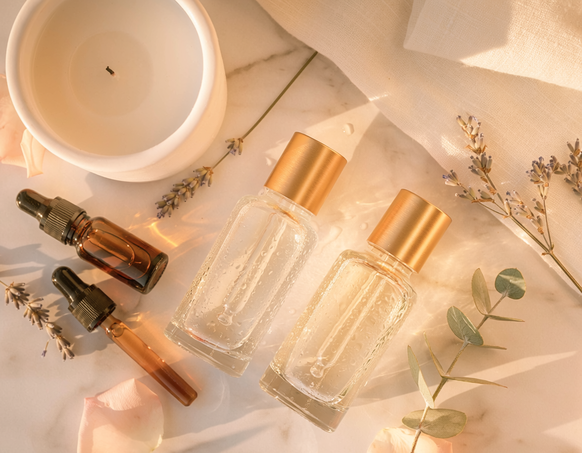 belldiva luxury wellness skincare serums botanicals and candle flat lay on marble surface