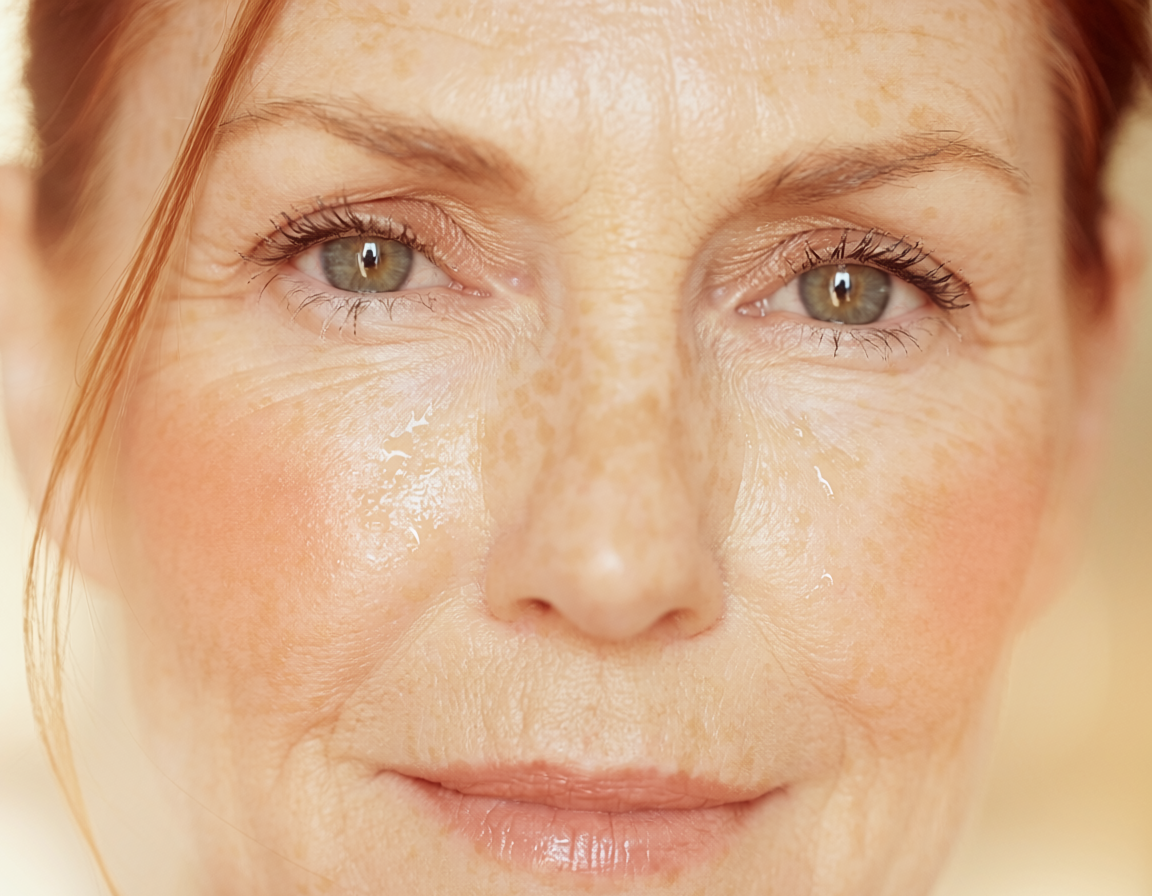 close up of woman's glowing natural skin celebrating real beauty during hormonal transition at midlife