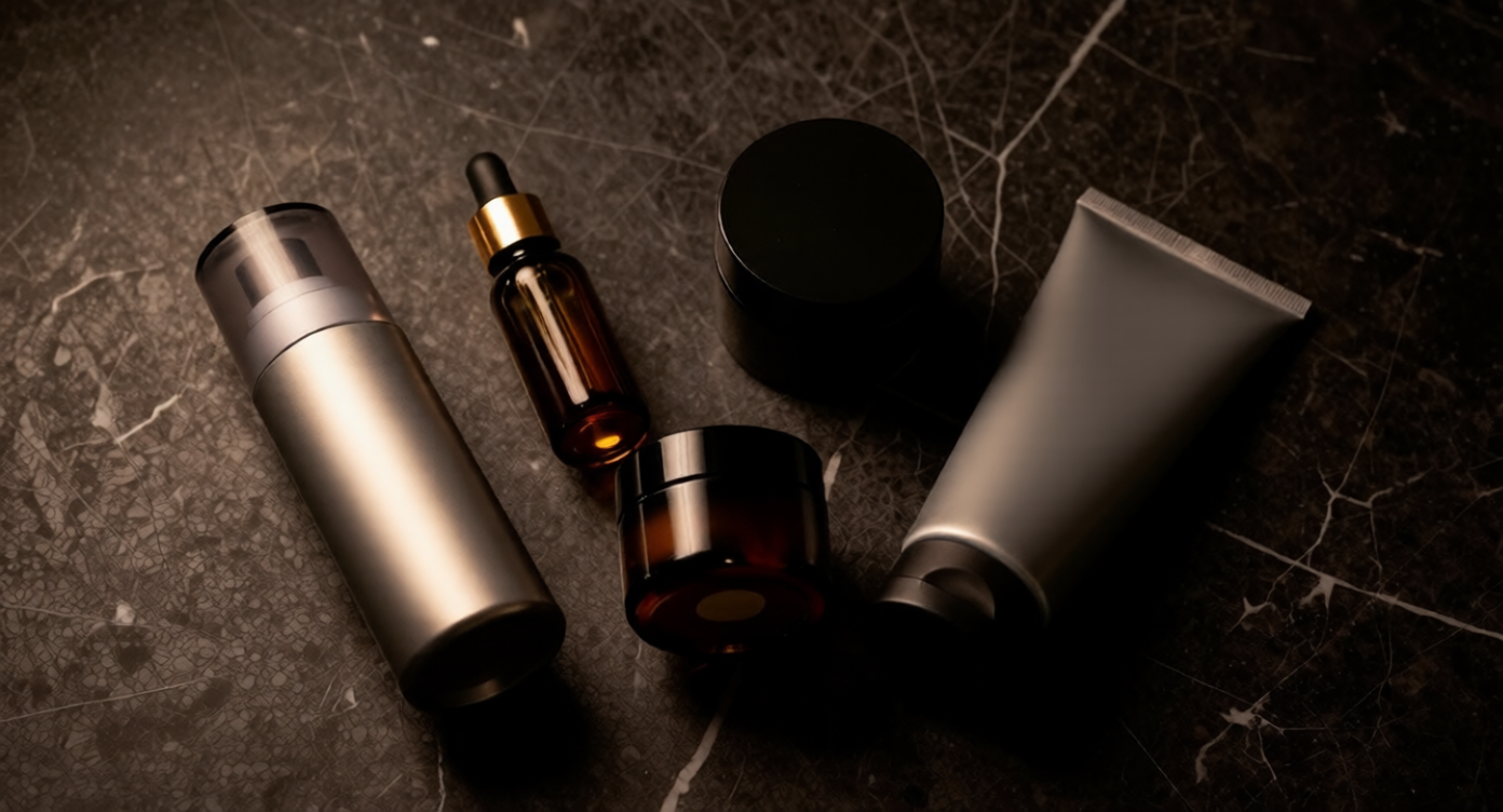 Men's luxury skincare products on dark slate representing men's skincare routine by age, Belldiva