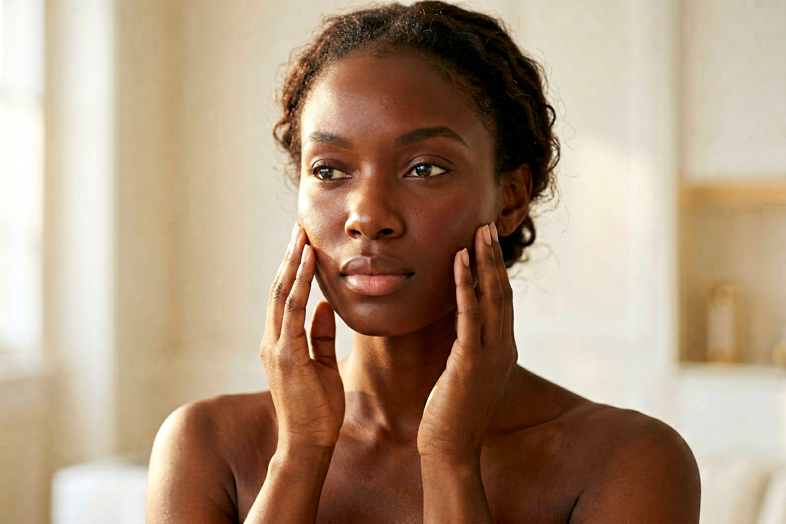 Confident woman with radiant deep brown skin representing hyperpigmentation treatment and brightening skincare, Belldiva.