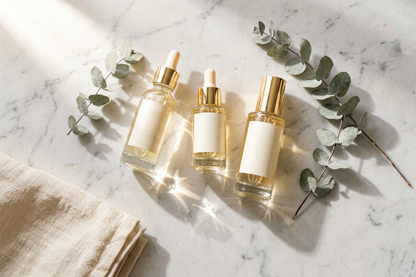 Luxury brightening skincare serums on marble representing evidence-based hyperpigmentation treatment, Belldiva