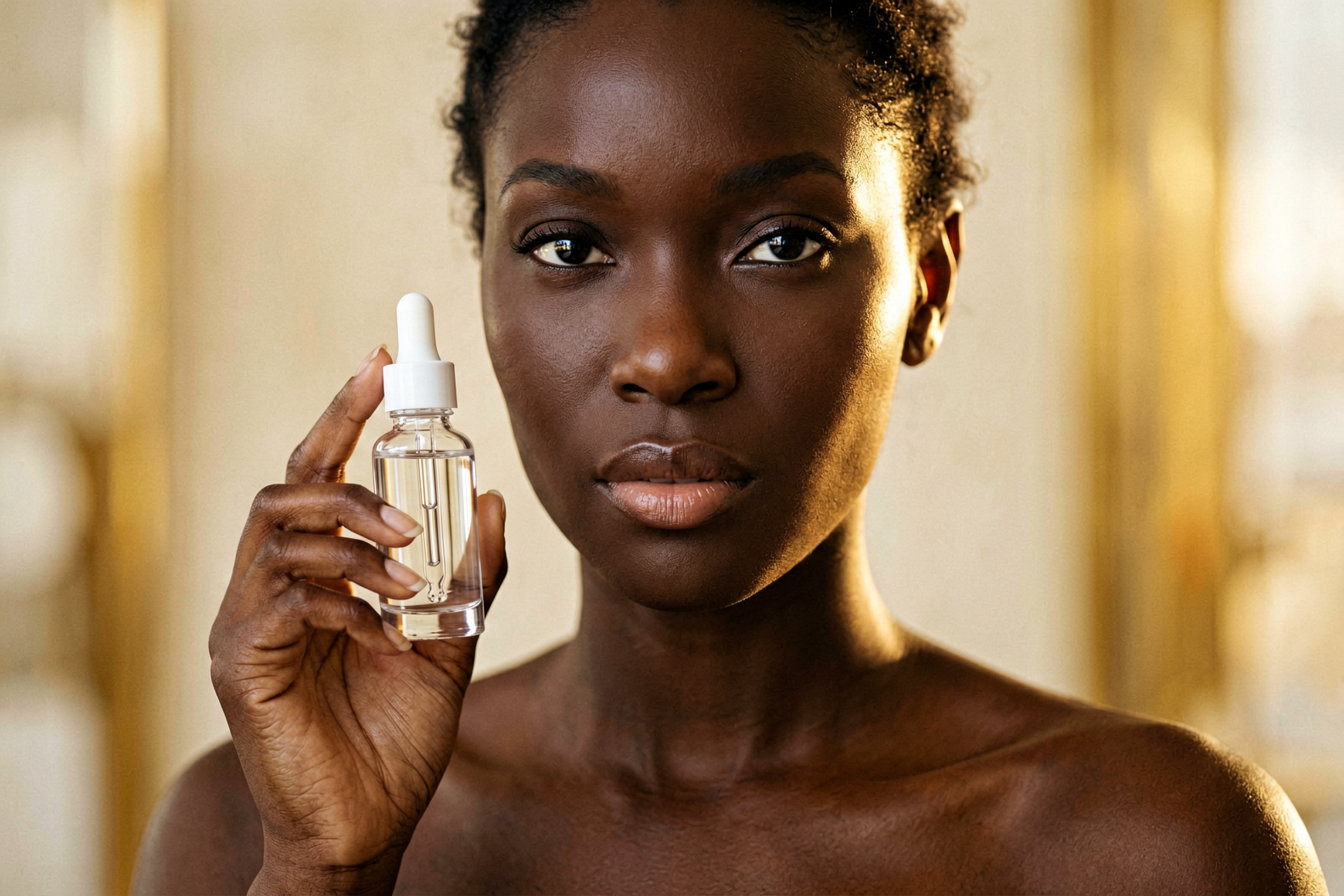 Woman with medium-deep skin tone carefully applying serum as part of a hyperpigmentation treatment skincare routine, Belldiva