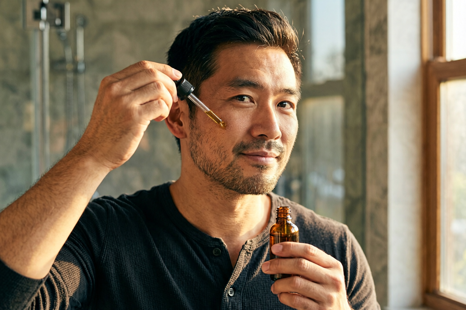 Man in his 30s applying a serum as part of a men's skincare routine by age, Belldiva grooming guide