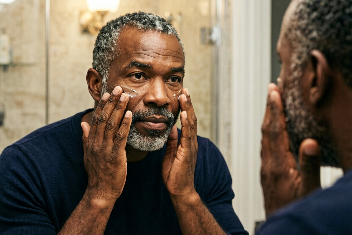 Confident man in his 40s applying face moisturiser as part of a men's skincare routine by age, Belldiva