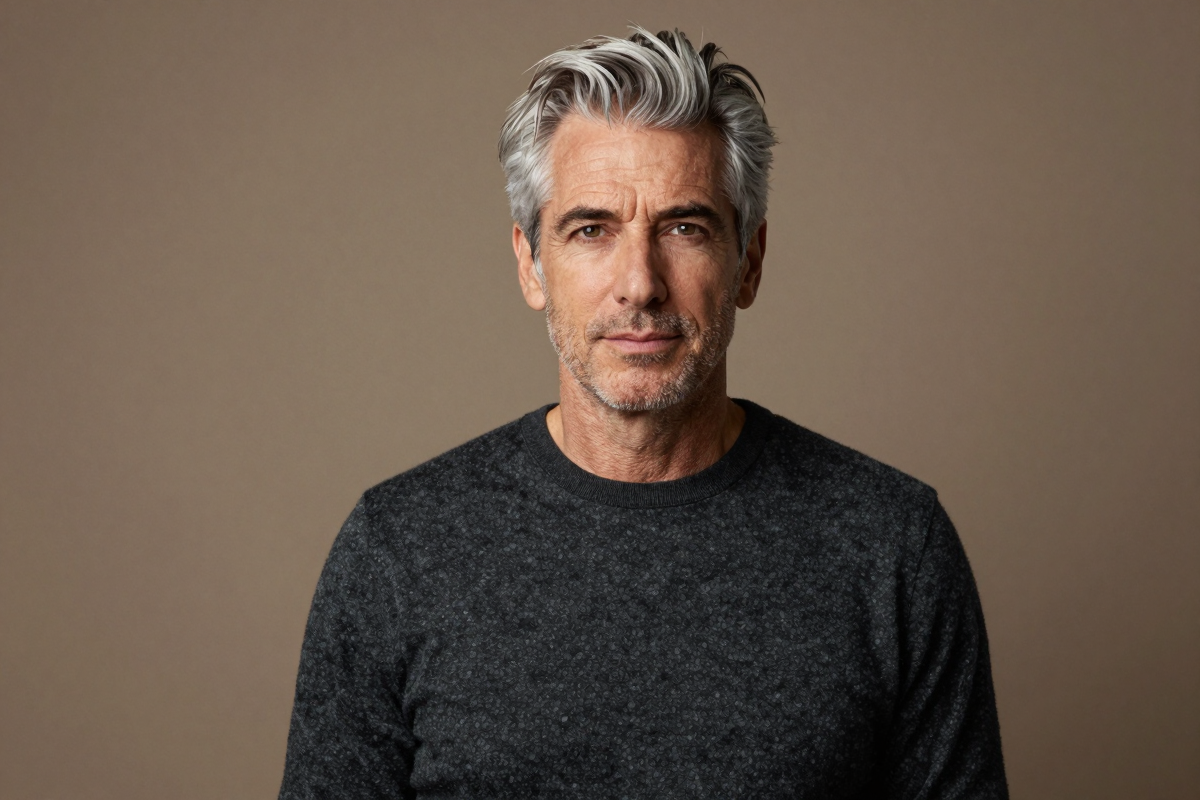 Distinguished man in his 50s with healthy skin representing men's skincare routine by age, Belldiva