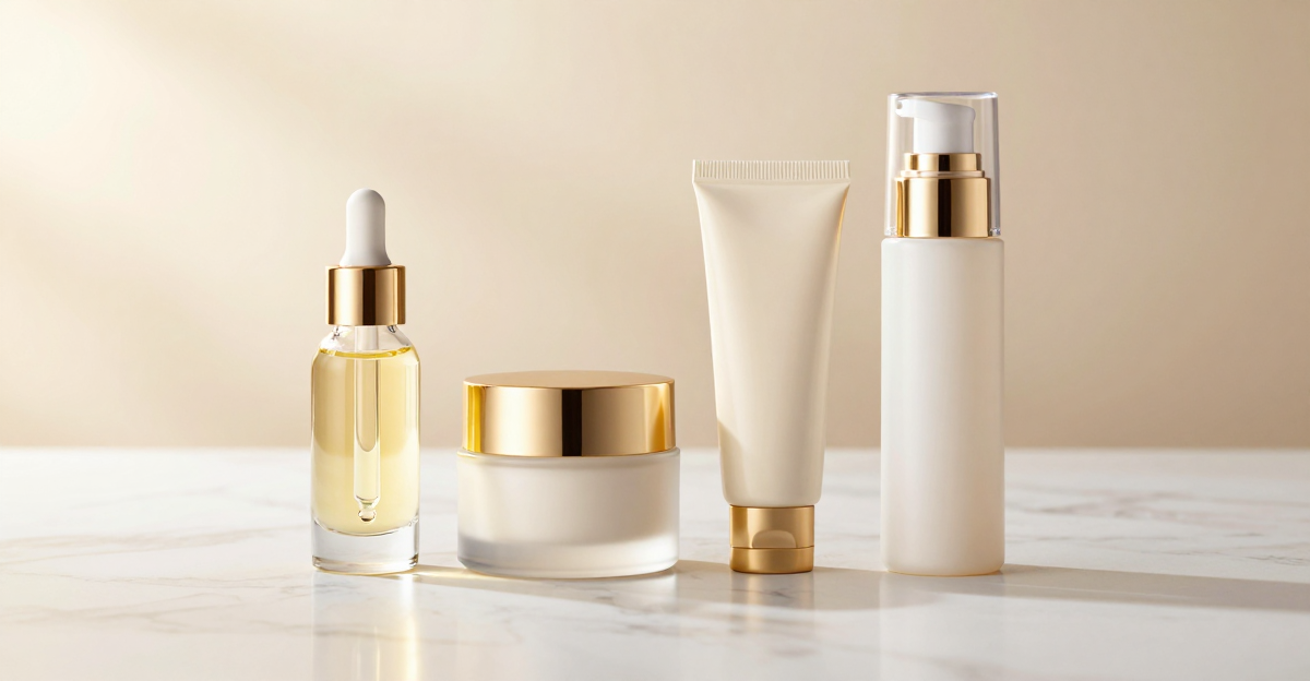 Luxury skincare products on white marble representing women's skincare routine by age, Belldiva