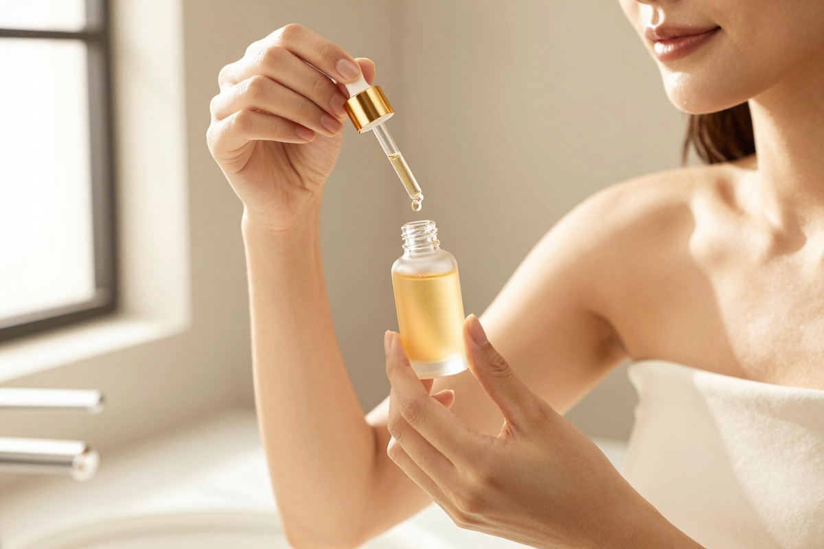 Woman in her 30s applying vitamin C serum as part of her morning skincare routine, Belldiva skincare guide