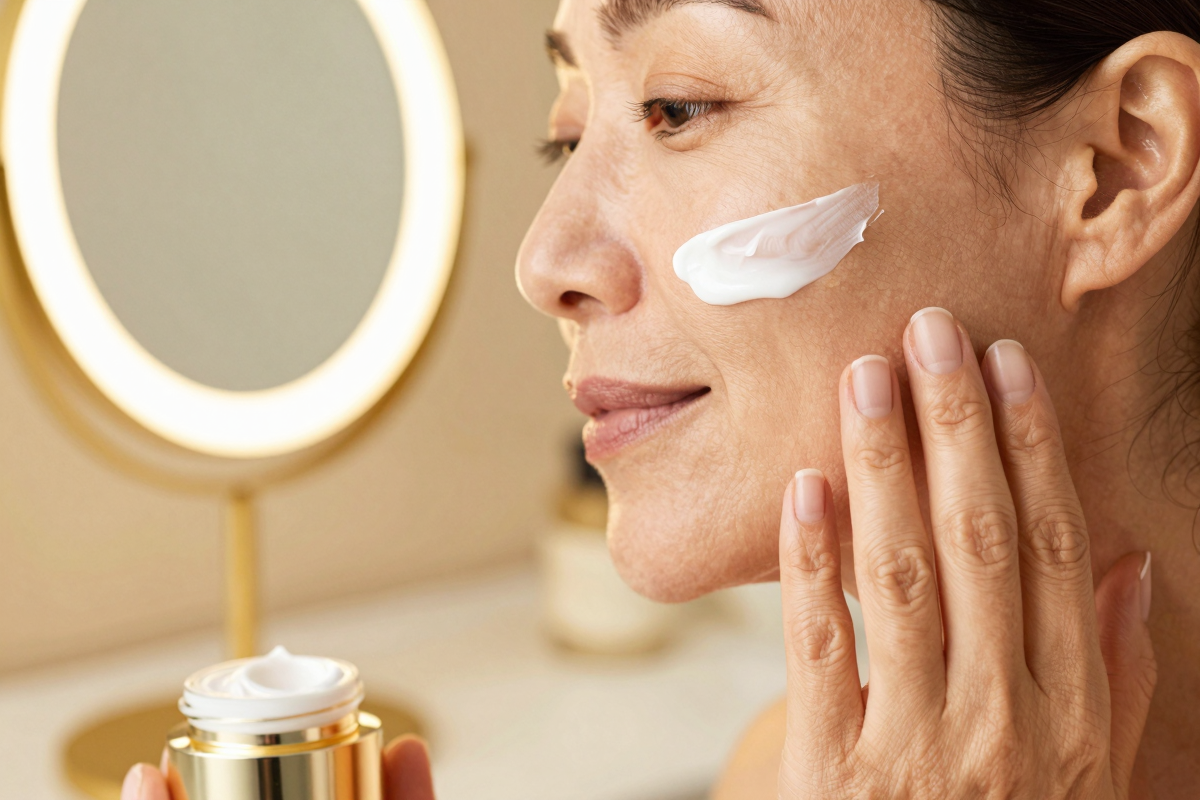 Confident woman in her 40s applying face cream at a vanity mirror representing skincare for perimenopause, Belldiva