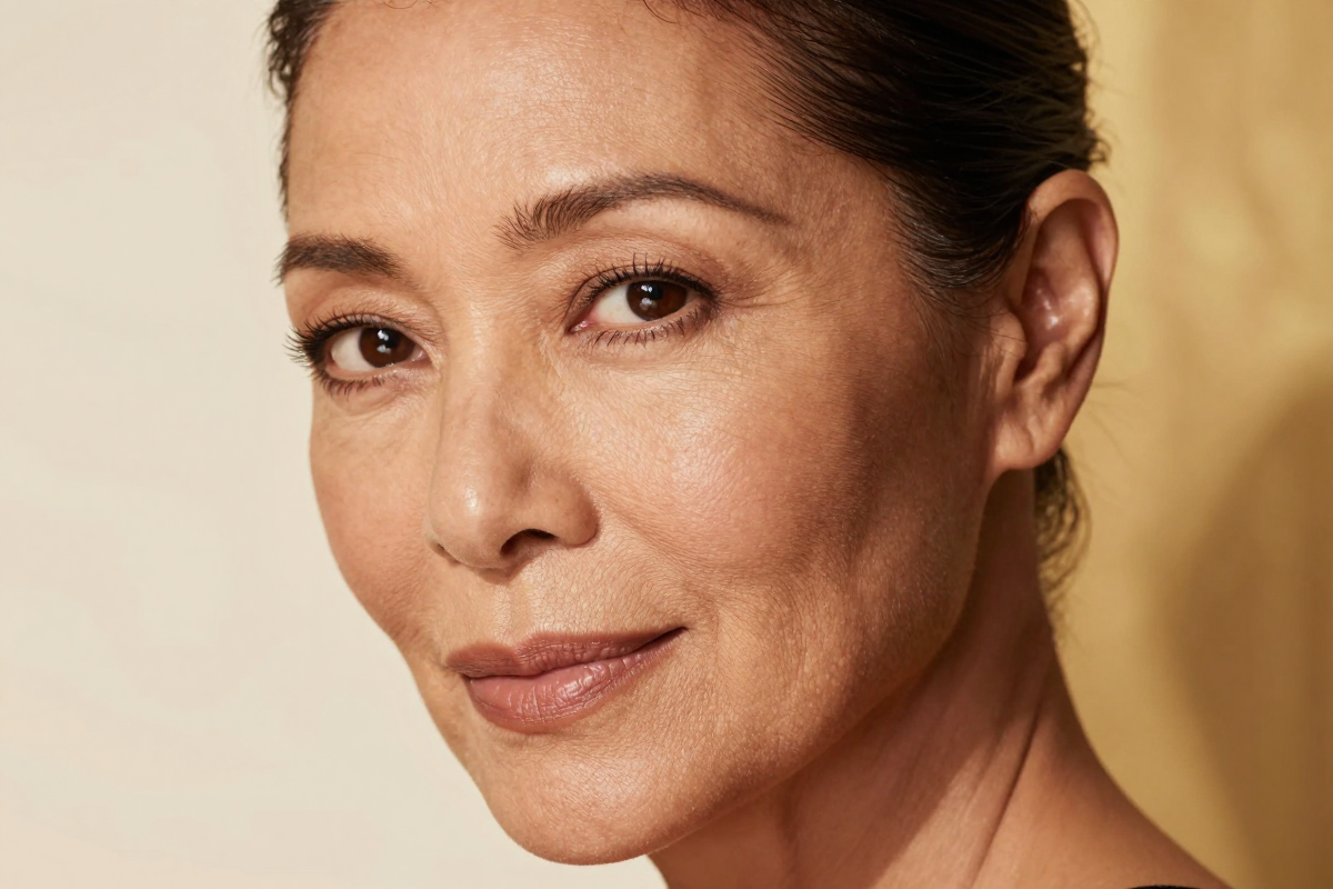 Confident elegant woman in her 50s with glowing skin representing menopausal skincare and wellness, Belldiva