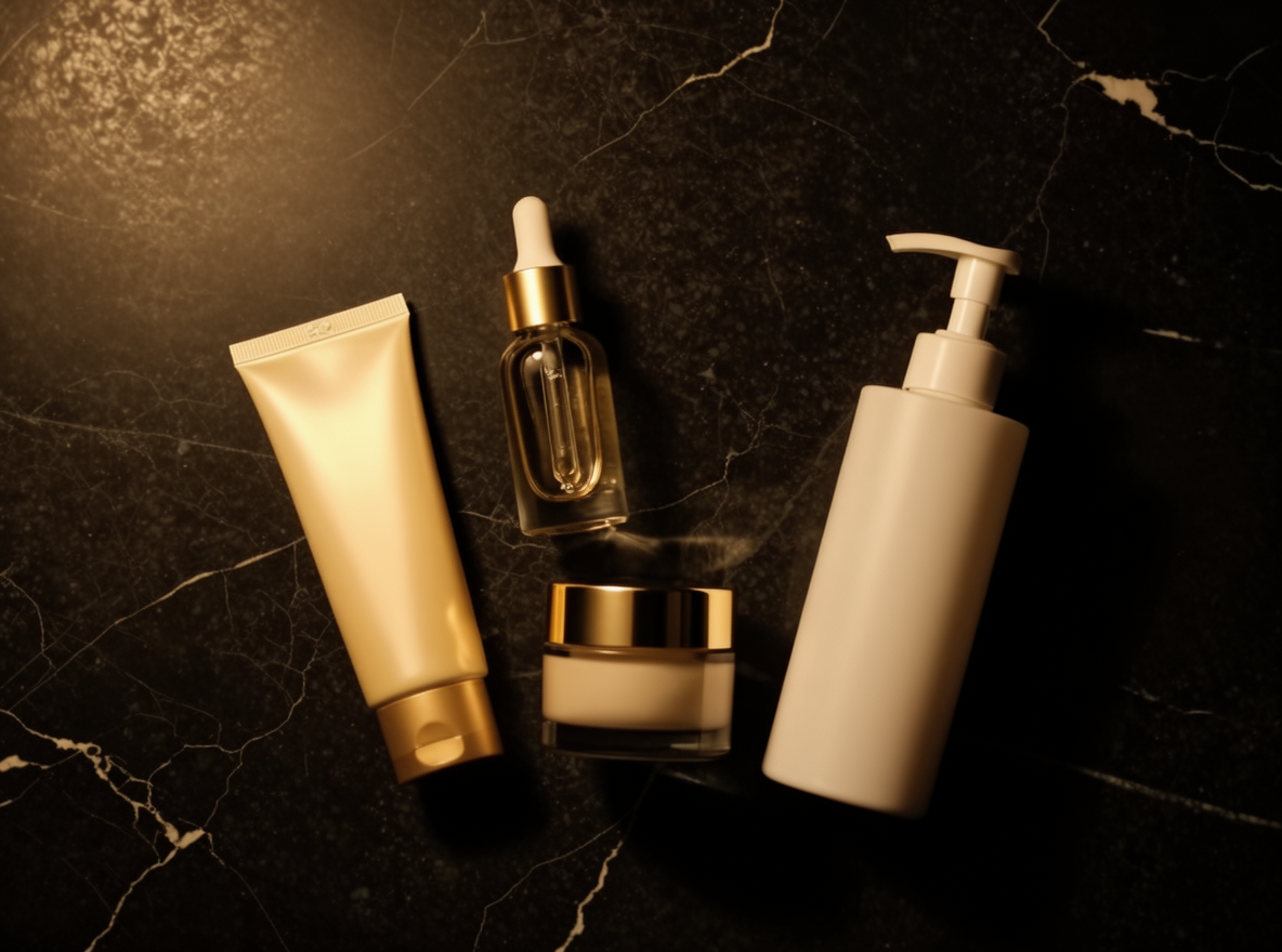Luxury skincare essentials including SPF serum and moisturiser on dark marble, Belldiva universal skincare principles