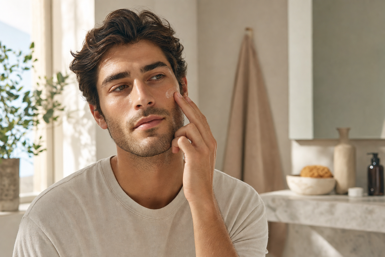 Man applying skincare to his face as part of a daily collagen banking routine, Belldiva men's skincare guide